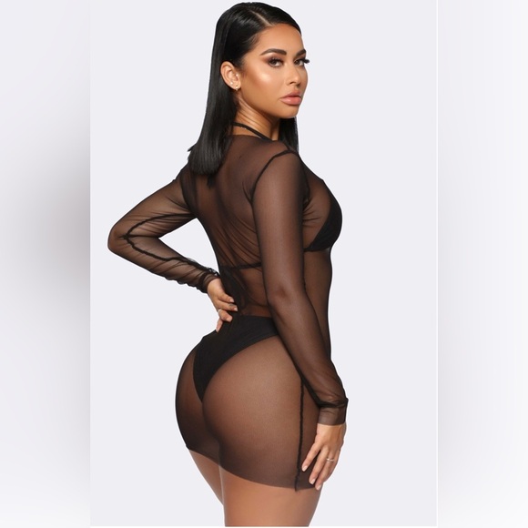 Black Triangle Top Self Tie Bottom Bikini Long Sleeve Mesh Coverup 3 Piece Set - Picture 3 of 11